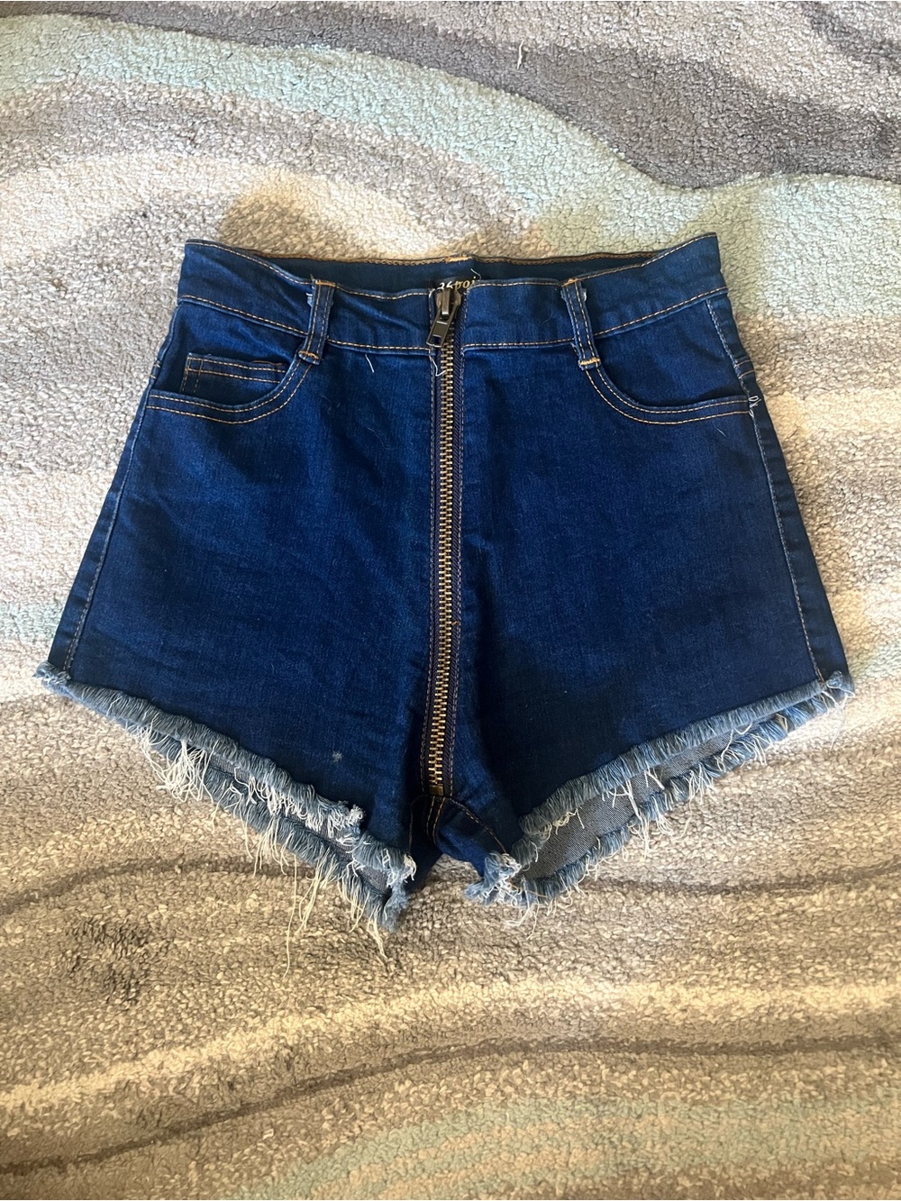 High-Rise Dark Blue Denim Zip-Front Frayed Hem Women's Shorts